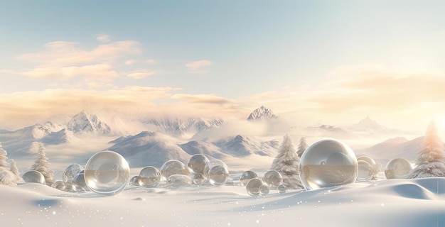 a winter mountain is covered in snow in the style of luminous spheres