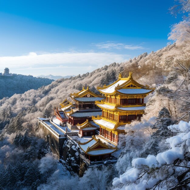 Winter mountain japanese buddhist golden temple picture ai generated image