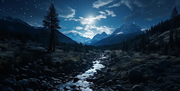 winter mountain landscape the Rockies under a full moon