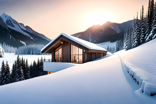 Winter mountain landscape with chalet in snow at sunset