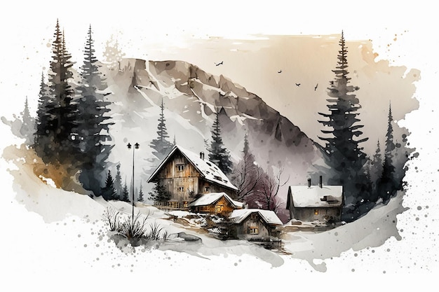 Winter mountain landscape with chalets generative ai