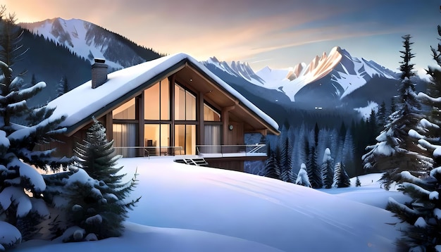 Winter mountain landscape with house in snow at dusk