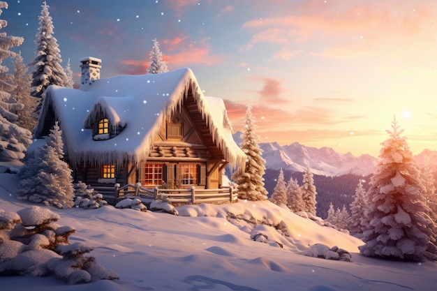Foto paesaggio di montagna invernale con una casa