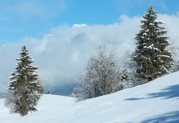 斜面に低く垂れ下がった雲がある冬の山の風景 (オーストリア、バイエルン)。