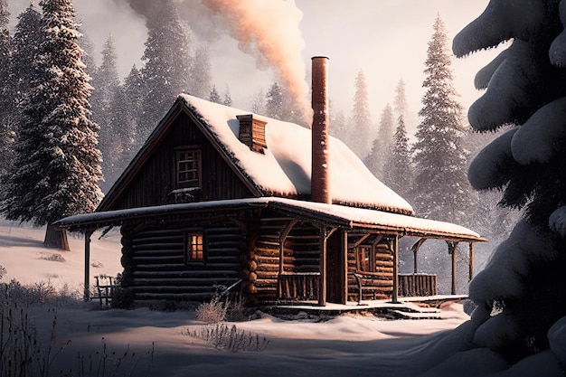 목조 주택, 샬레, 눈, 조명이 켜진 산봉우리, 언덕, 숲, 평평한 삽화가 있는 겨울 산 풍경. 겨울 풍경과 겨울 휴가 오두막. 집 메리 크리스마스 카드입니다.