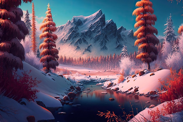 겨울 산과 강 눈 풍경 시즌 공원 자연 설산 Generative AI