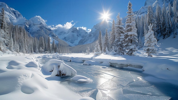 Winter mountain river in snowy landscapeFrozen lake Pines are covered with snow sunlight