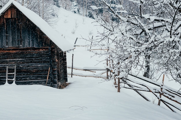 Paesaggio rurale della montagna di inverno con la casa di legno