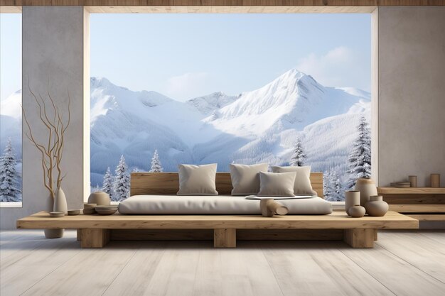 Photo winter mountain view japanesestyle living room with cozy wooden bench and panoramic grid window