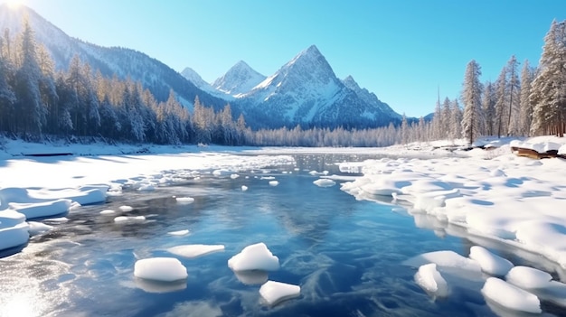 冬の山と湖の背景の氷の山