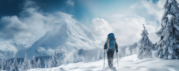 Photo winter mountaineer on the mountain ridge generative ai