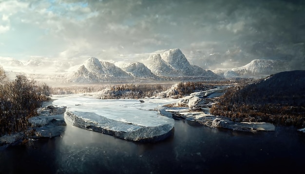 Winter mountains covered with snow mountain river with ice floes blue sky with clouds