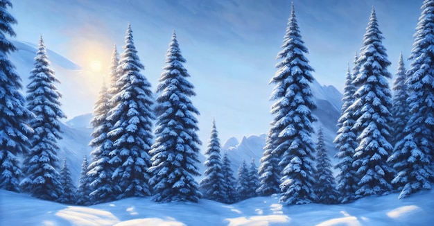 山の冬 雪の中のモミのトウヒの木 冬の夜明け 太陽の光の中の日の出の夜明けの樹木が茂った地域 クリスマス ツリーの風景 3 d イラスト