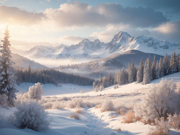 Winter in the mountains fir spruce tree in the snow dawn in winter a wooded area at sunrise dawn in the rays