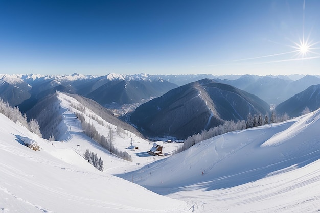Winter mountains panorama with ski slopes and ski lifts near Vogel ski center Slovenia