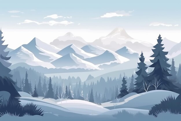 Winter mountains snowy landscape with pines forest and hills on background