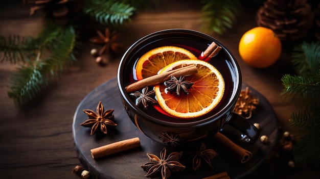 写真 木製の背景にセットされたシナモンとオレンジの冬のグルドワイン xmas generative ai