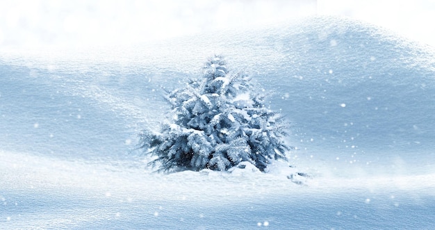 Winter natural background Christmas tree in the forest Snowing Copy space