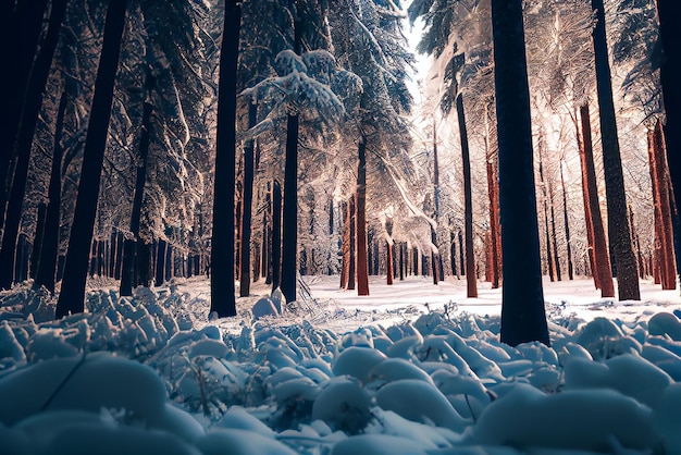 Winter Natural Pine Forest with Snow Illustration Generative AI