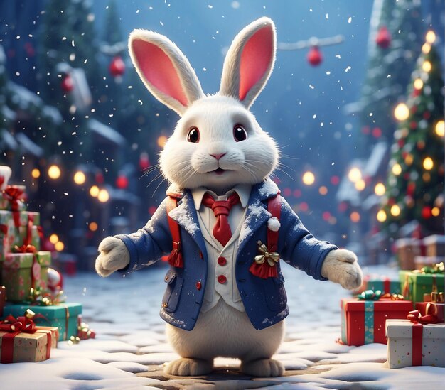 Photo winter new year's white hare in a festive costume with gifts for children