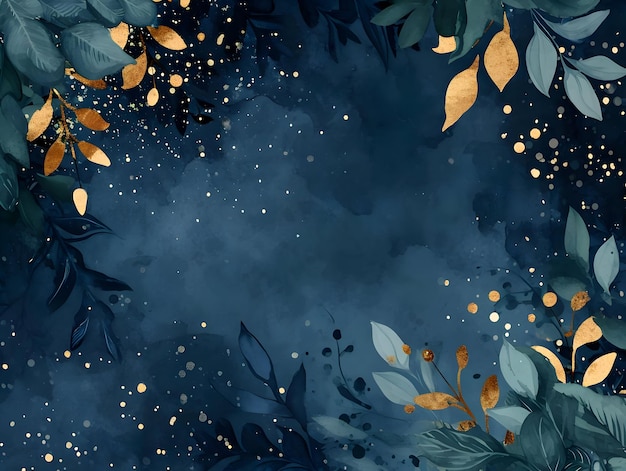 Winter night background with leaves and stars Watercolor background with space in the center