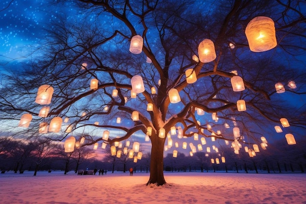 Winter night celebration lanterns illuminate the snow covered tree generated