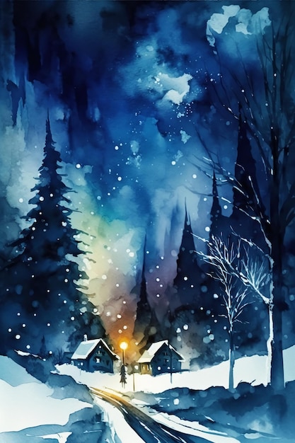 Winter night christmas watercolor abstract backgroundGenerative AI