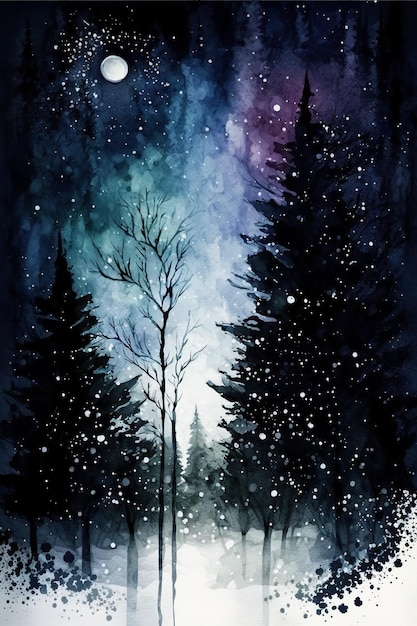 Winter night christmas watercolor abstract backgroundGenerative AI