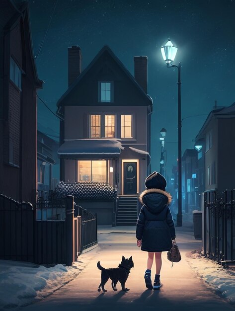 冬の夜 犬と女の子のai生成