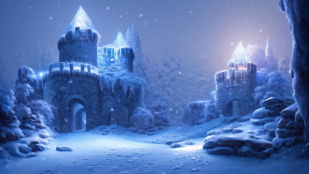 겨울 밤 환상의 풍경 눈 속의 고대 석조 성 네온 일몰 3D 그림