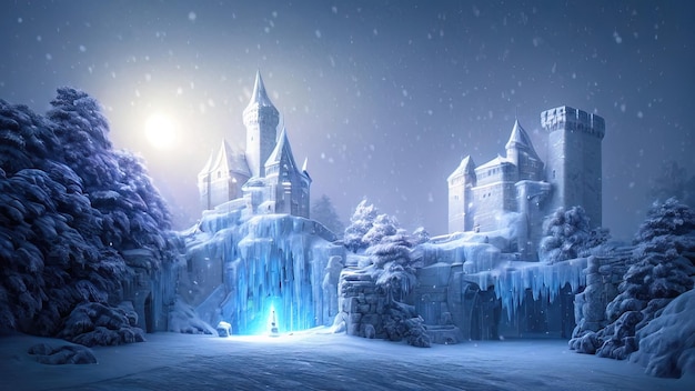 Winter night fantasy landscape Ancient stone castle in the snow Neon sunset 3D illustration