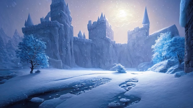 겨울 밤 환상의 풍경 눈 속의 고대 석조 성 네온 일몰 3D 그림