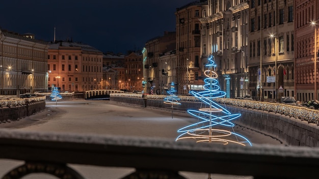 Winter night in historical city center with New Year and Christmas decorations St Petersburg Russia