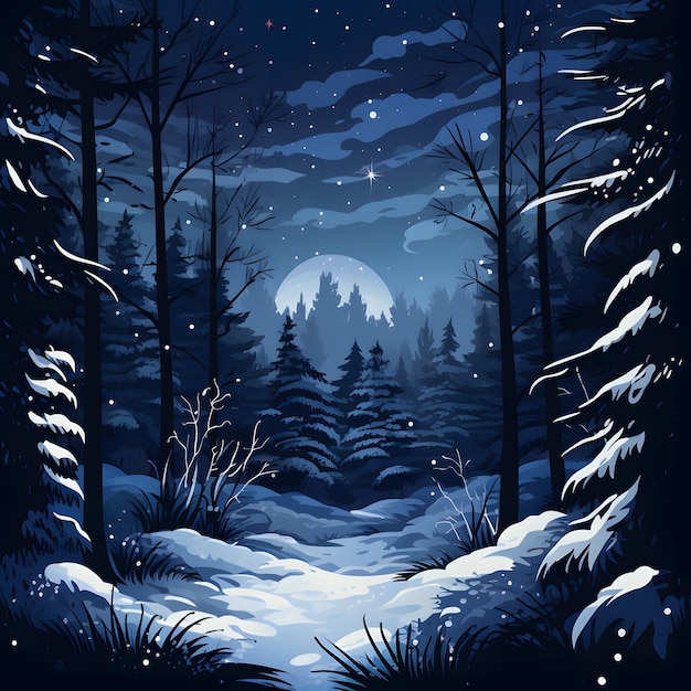 Photo winter night landscape snowy forest in night generative ai