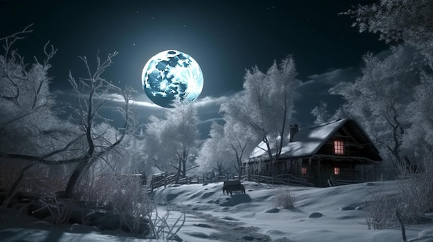 Winter night scene a house in the mountains mountain hut in winter night scene AI Generative