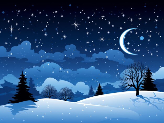 Photo a winter night scene with trees and a moon in the sky