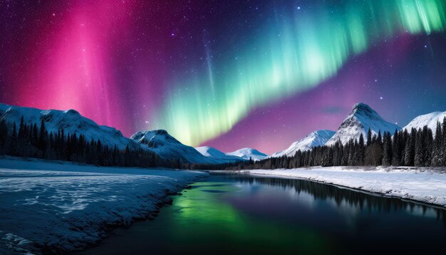Winter Night Sky with Aurora and SnowCovered Forest
