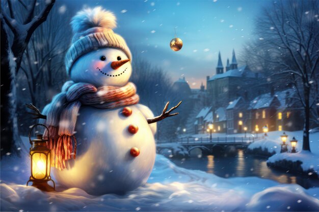 Winter night snowman glowing with joy