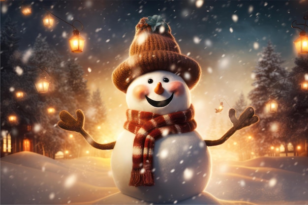 Photo winter night snowman glowing with joy