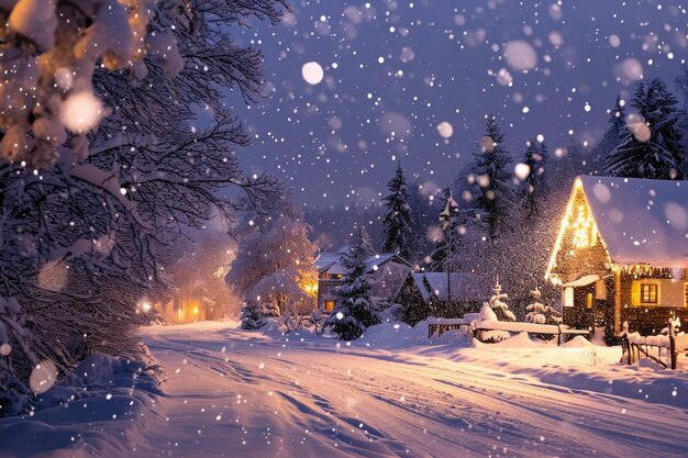 Зимняя ночь с домом и деревьями, покрытыми снегом, создавая волшебную и спокойную сцену.