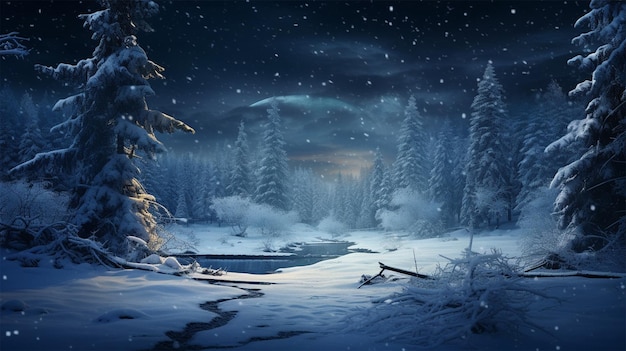 a winter night with many snow covering