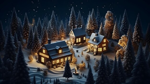 사진 겨울 밤 도시 밖의 집 들 은 산 들 과 눈 으로 인 밀집 한 나무 숲 에 있다