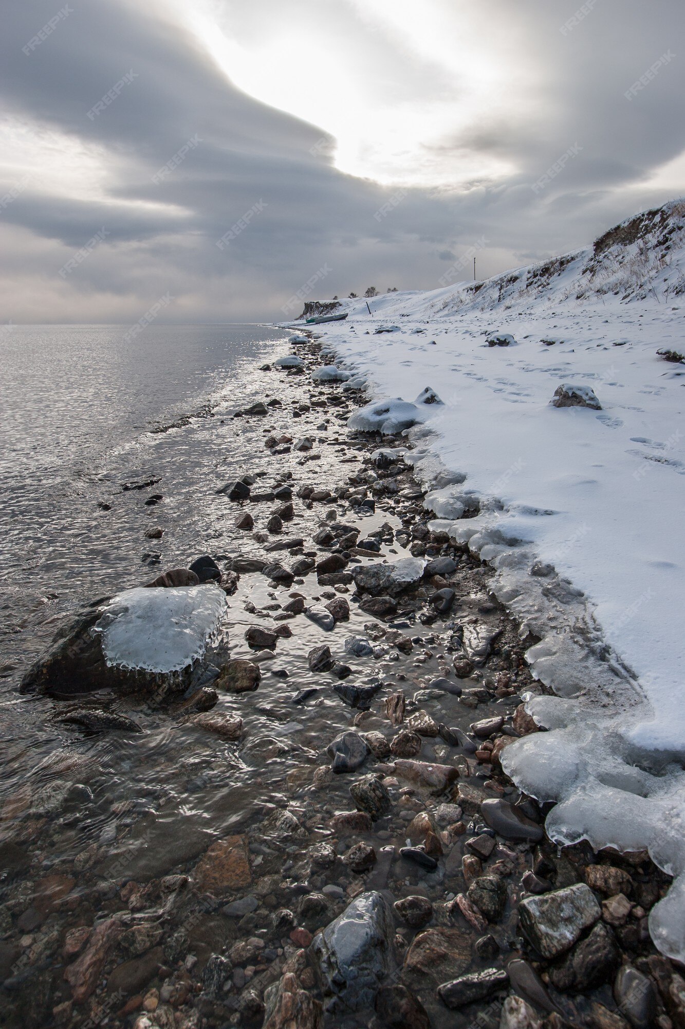 Afhankelijkheid mini Watt Winter oever van het baikalmeer met ijs aan de waterkant en ijs op stenen  in water | Premium Foto