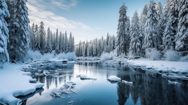 Winter ontdooi bevroren bos en niet bevroren rivier gecreëerd met behulp van generatieve AI-tools