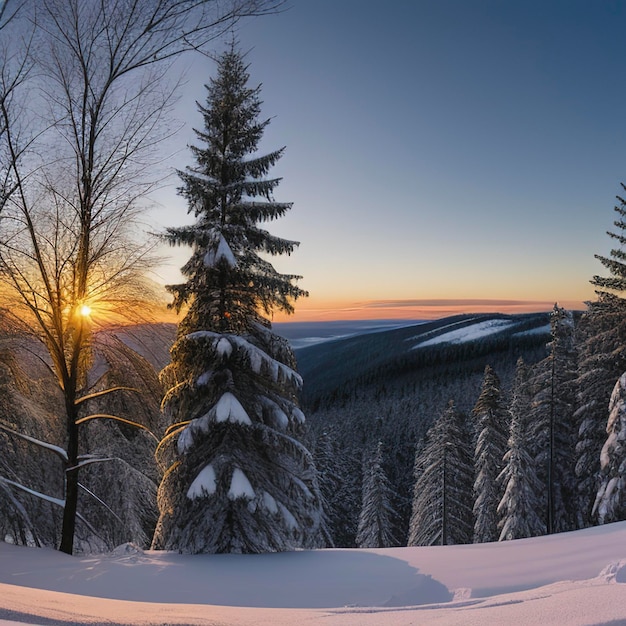 Winter panorama landscape with forest trees covered snow and sunrise winterly morning of a new day purple winter landscape with sunset panoramic view