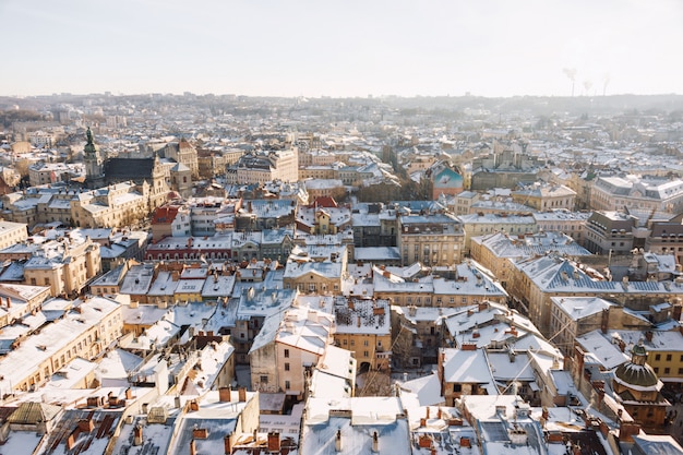 Winter panorama view from the Town Hall on the downtown in Lviv, Ukraine