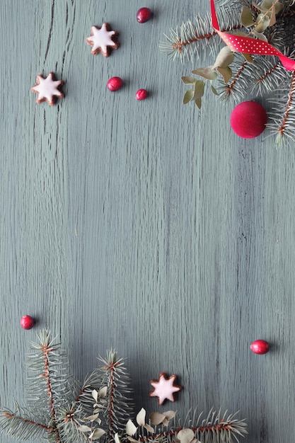 Winter panoramic banner fir and eucalyptus twigs fuchsia magenta ball cranberry star cookies