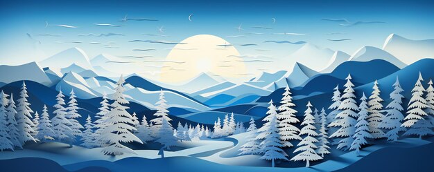 Winter paper cut landscape with snowy mountains and blue sky fir trees in the background