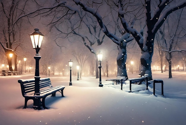 Photo winter park at night with trees covered with snow benches and lanterns ai generated hd photo