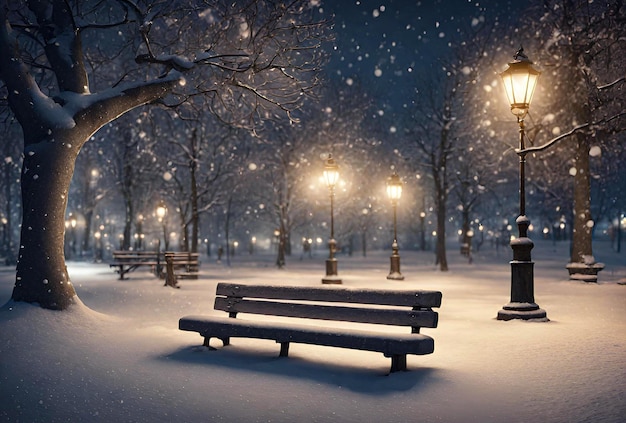 Winter park at night with trees covered with snow benches and lanterns AI generated HD photo